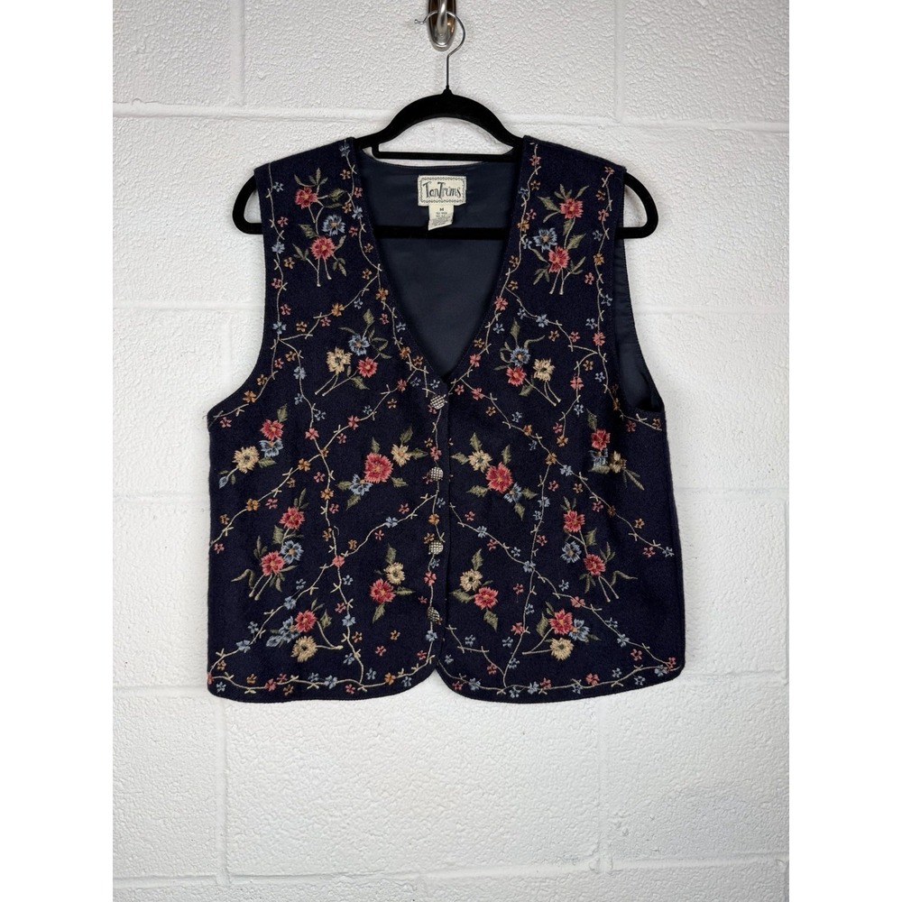 Vtg TanTrums Embroidered Floral Wool Vest Medium Cottagecore Boho Granny-Core